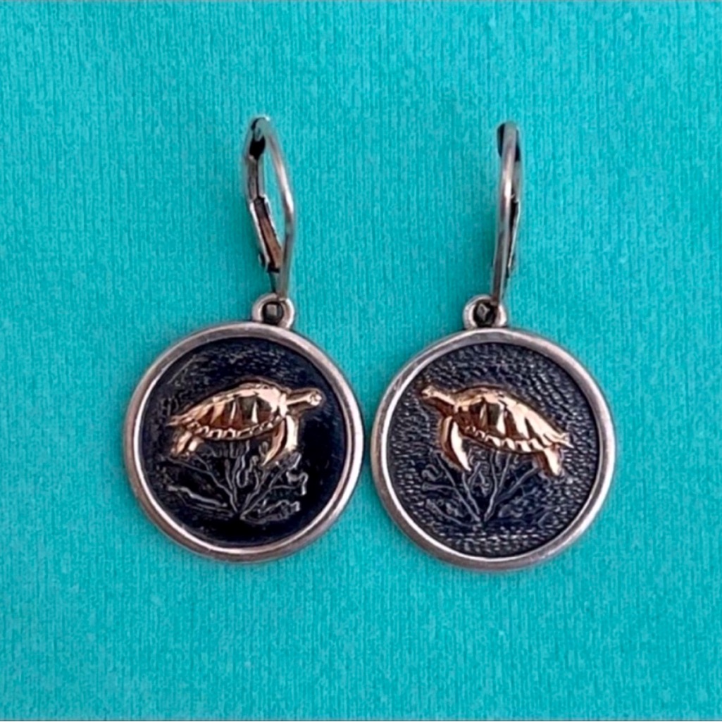 Vintage Kabana 14k Gold & Sterling Silver Sea Turtle Earrings